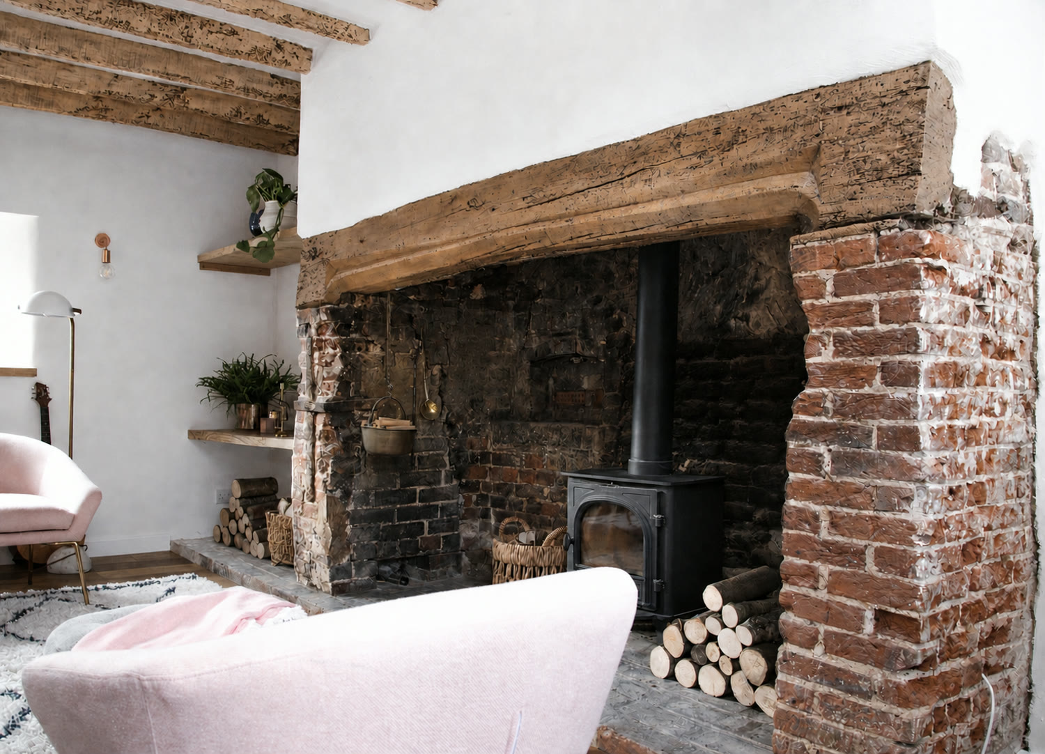 Restored oak mantle beam over an inglenook fireplace, Hove — as seen on George Clarke's Old House New Home