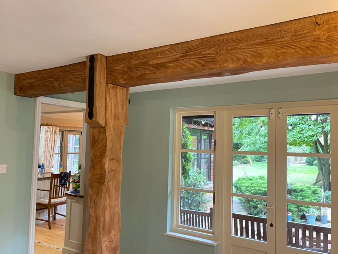 Restored oak beam and post, Potton self-build showhome, Caxton